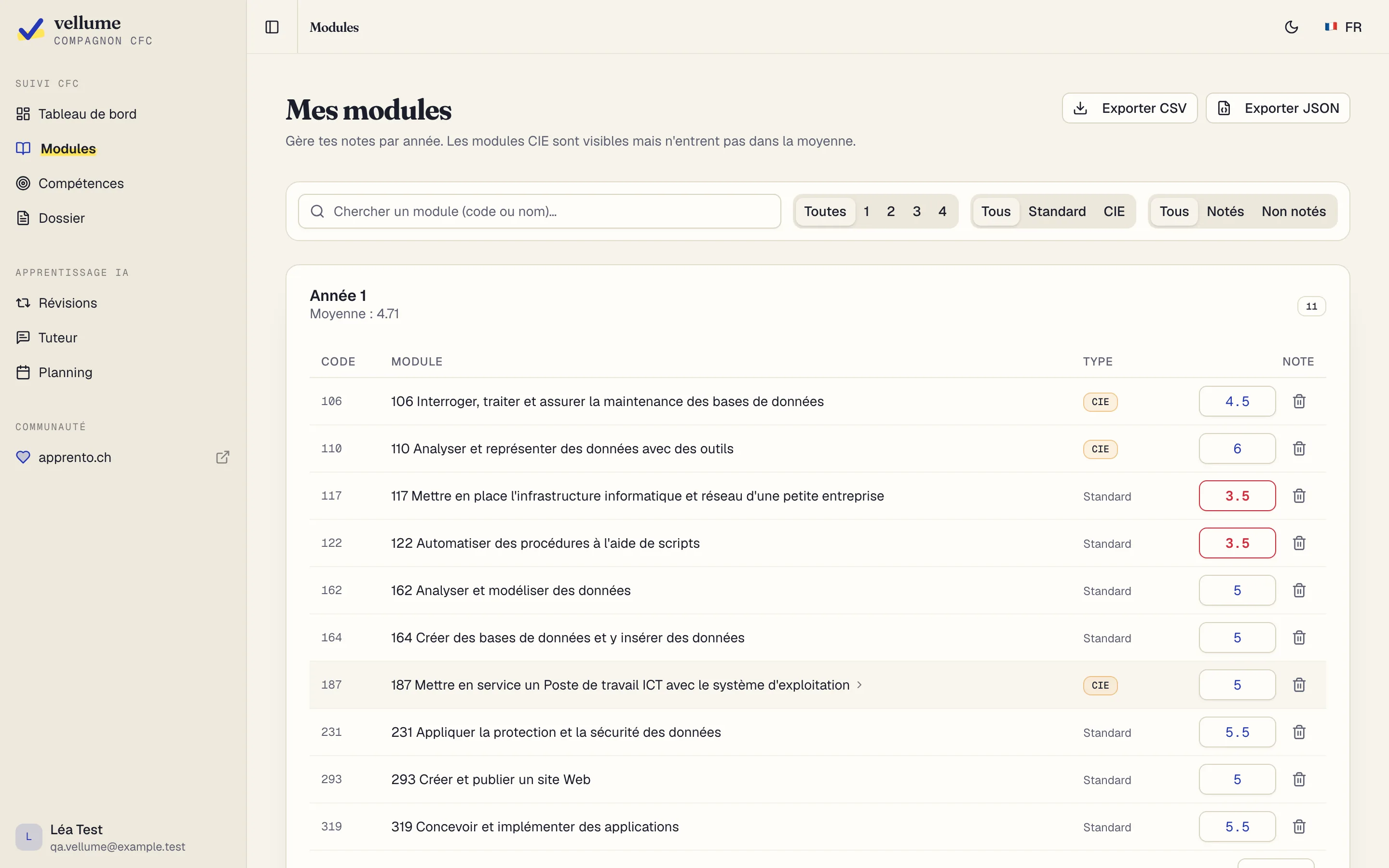 Vellume — Notes par module
